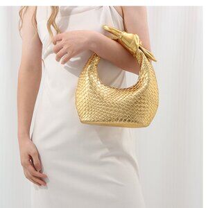 Neiman Marcus Gold Metallic Vegan Leather Woven Handbag